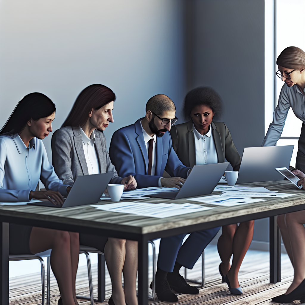 A group of professional consultants gathered around a conference table, collaborating on a project. The team looks focused and engaged, with papers, laptops and coffee cups on the table.