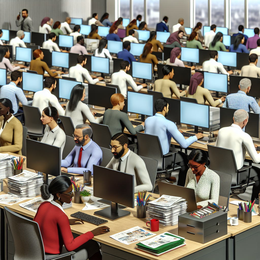 Busy office with employees working productively at their desks