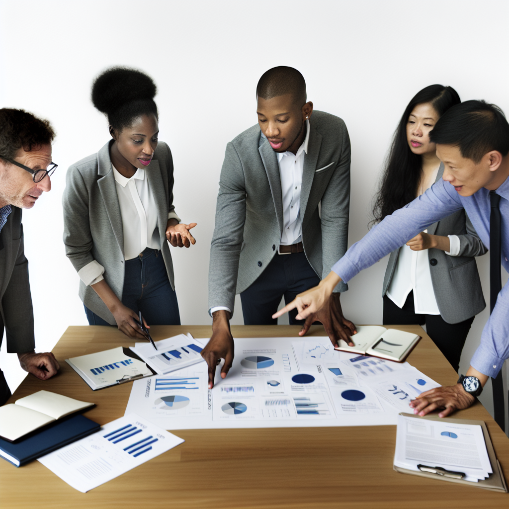 Illustration of business people discussing strategy around a table with charts and graphs