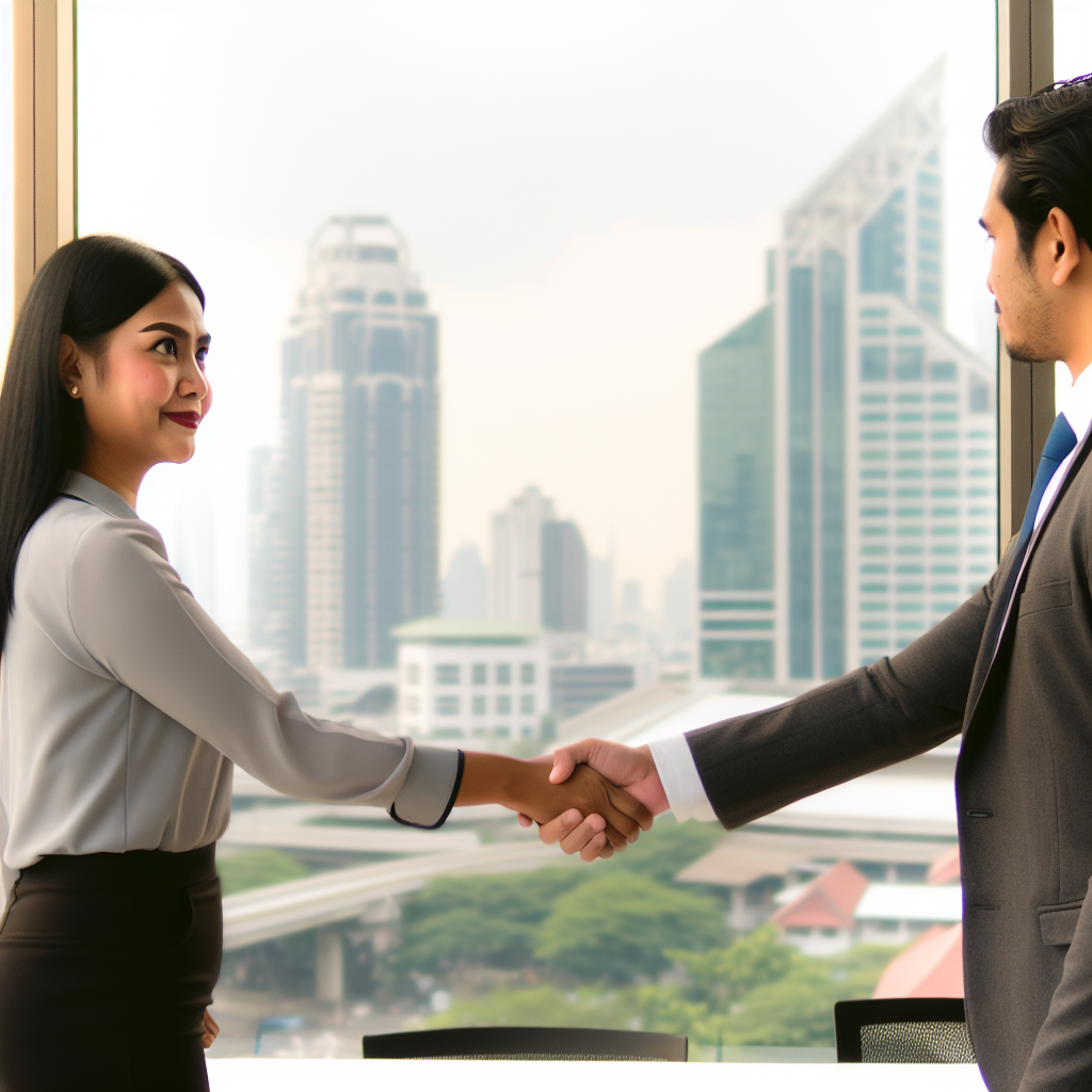 A handshake between two business professionals, symbolizing a new partnership or deal. The background is an office setting with a city view out the window.