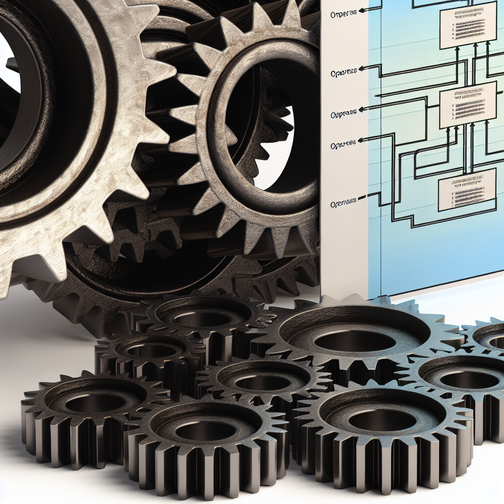 Graphic showing gears and process flow chart symbolizing operations optimization