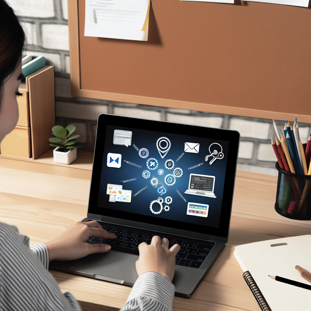 A person working on a laptop with various productivity and collaboration tools on the screen. The background shows an organized, efficient workspace.